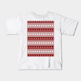 Dark Christmas Candy Apple Red Nordic Trees Stripe in White Kids T-Shirt